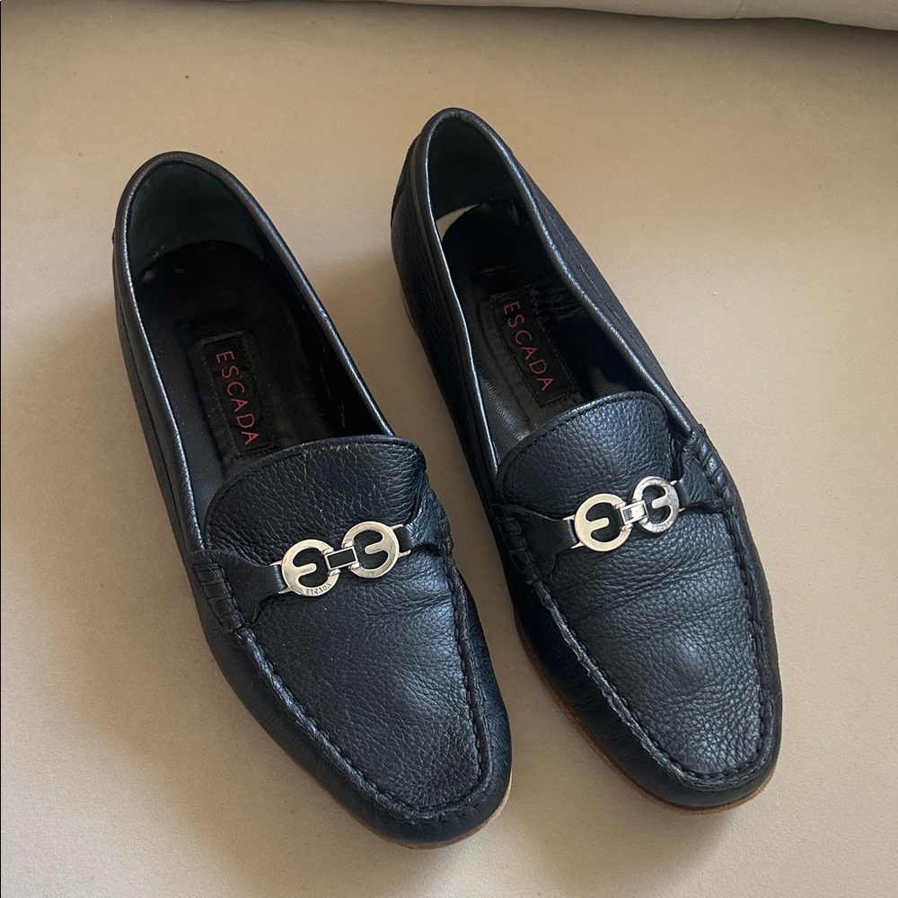 Escada Black Leather  Slip-On Loafers